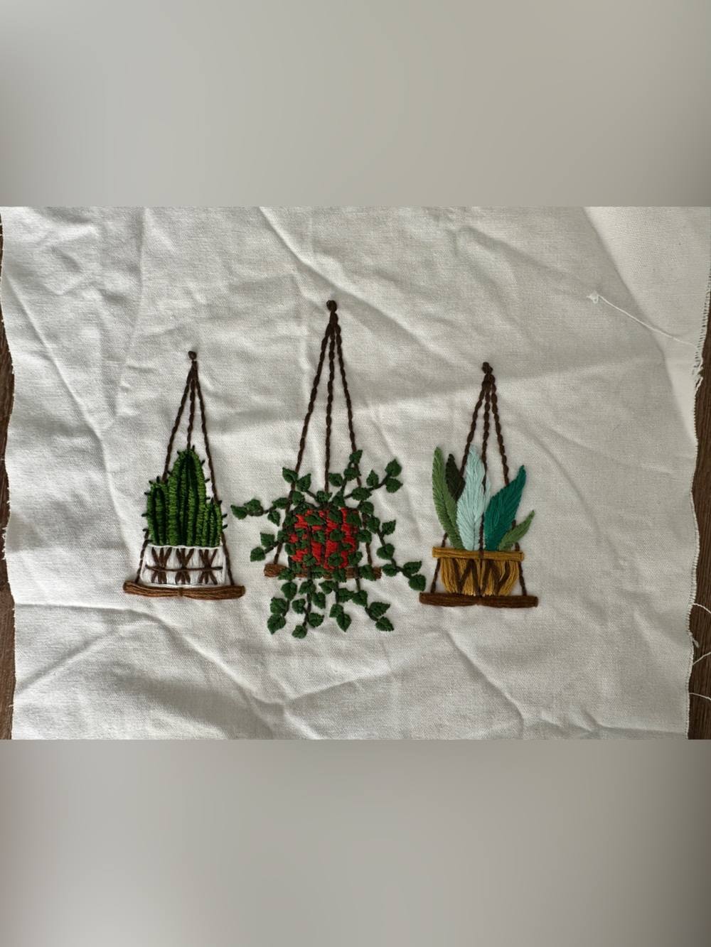 Hand Embroidered Hanging Plants Fabric Panel Unfinished Embroidery Craft Boho
